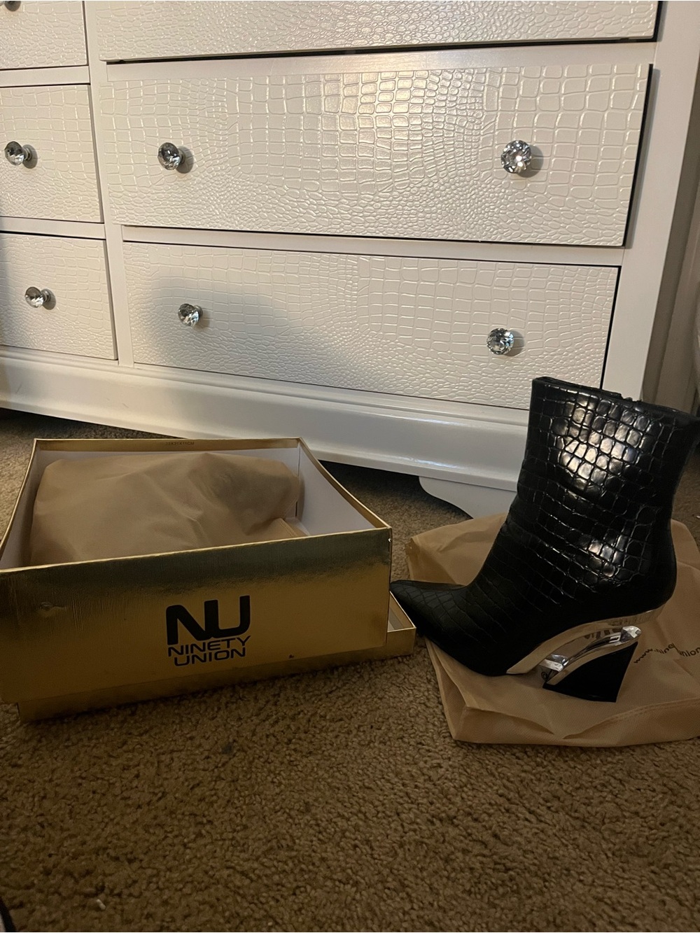Black Croc-Embossed Ankle Boot with Sculpted Heel